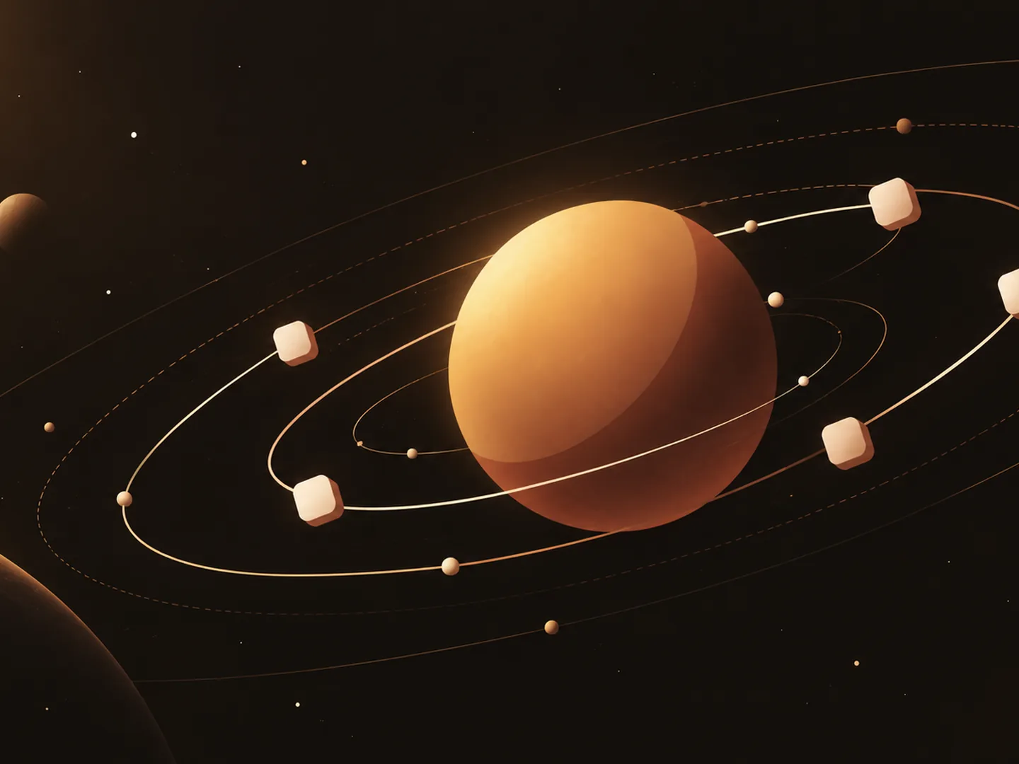 An amber planet with repositories in orbit around it